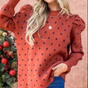 Andthewhy Rust Sweater with Navy Polka Dots